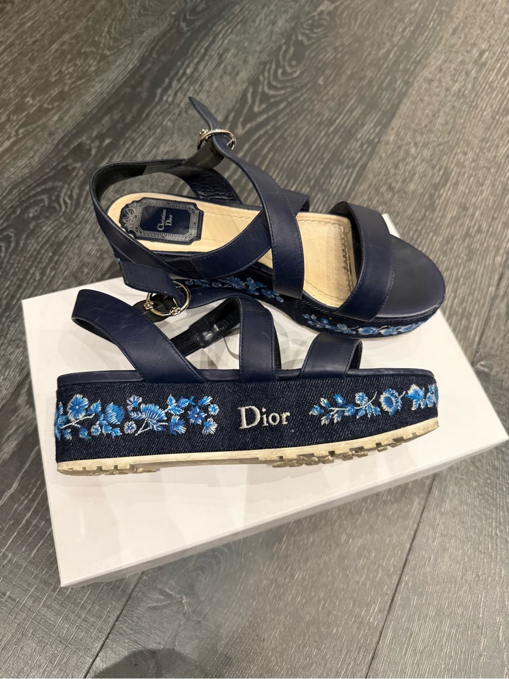 Dior Prairie Embroidered Denim Platform Sandals 36.5